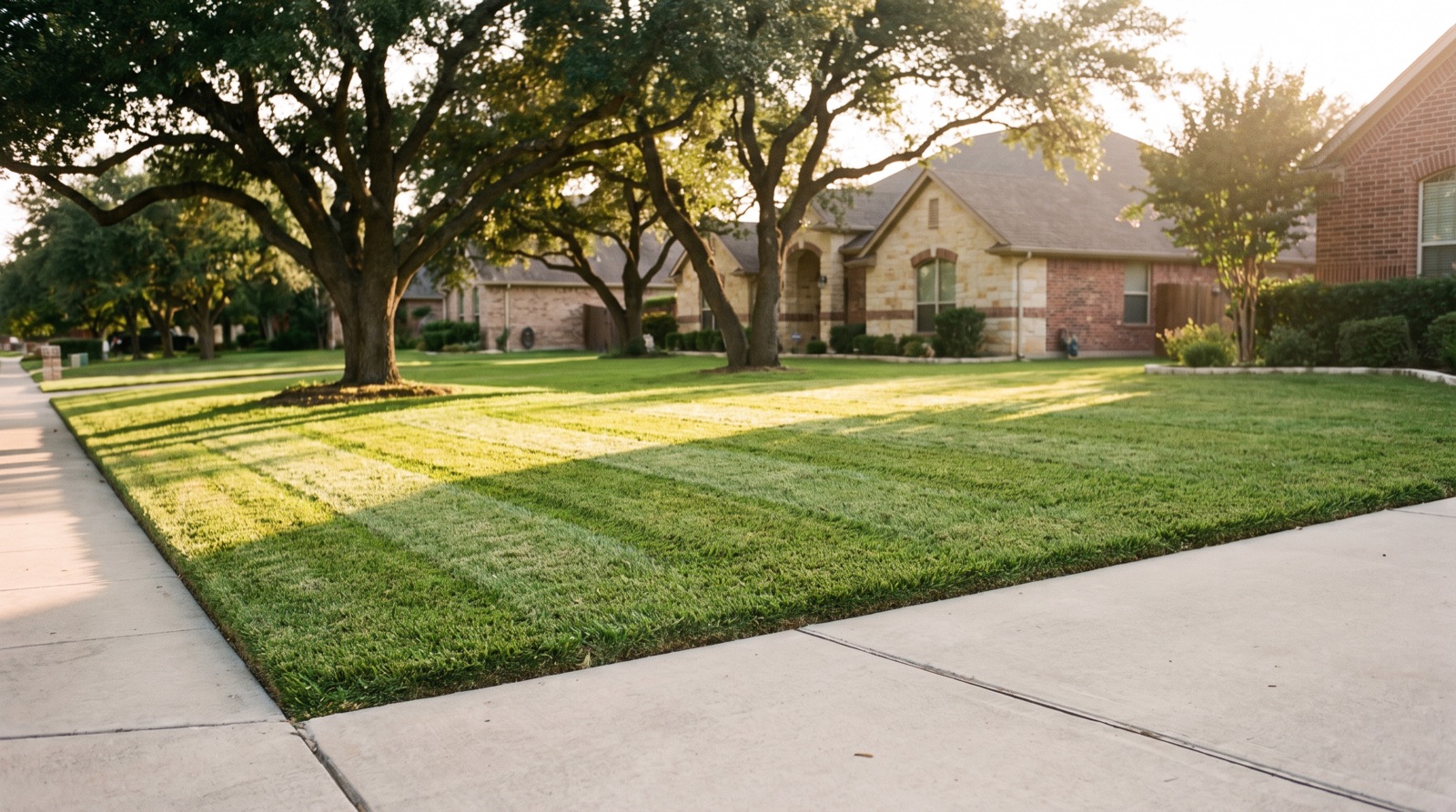 A freshly mown lawn with clean mower stripes at golden hour