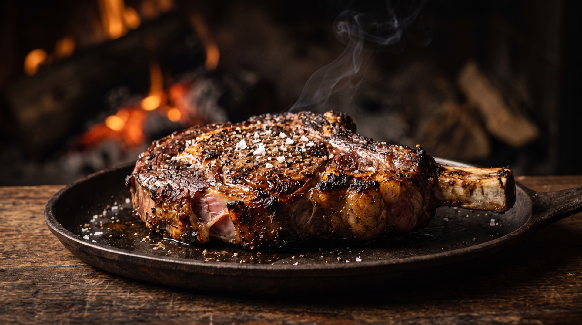 A charred bone-in ribeye on cast iron with embers behind
