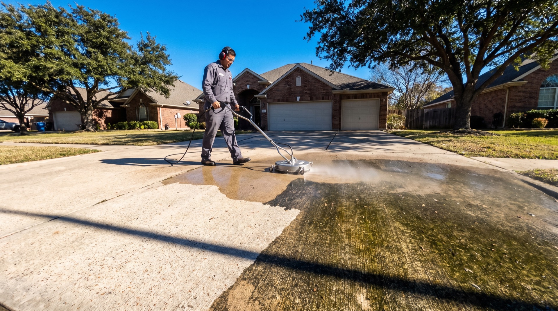 A driveway mid-pressure-wash with a hard edge between clean and dirty concrete