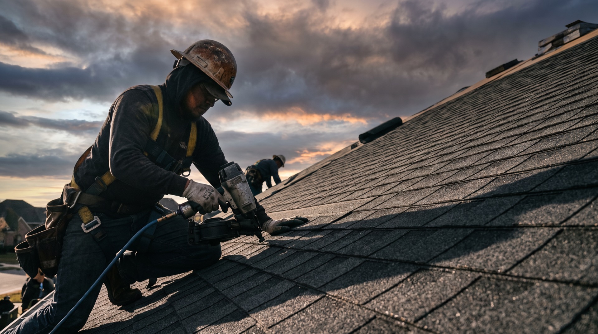 Roofers laying charcoal shingles under a clearing storm sky