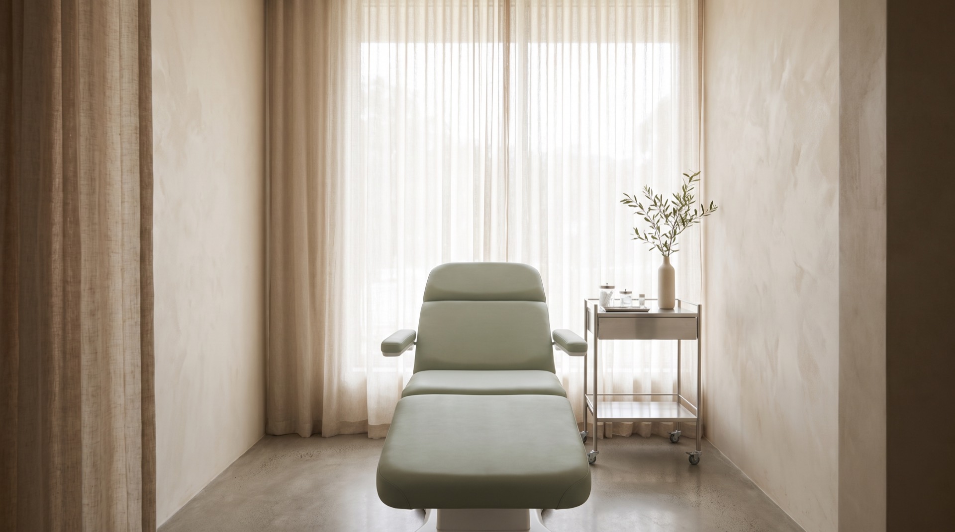 A calm treatment room in soft daylight with a sage chair