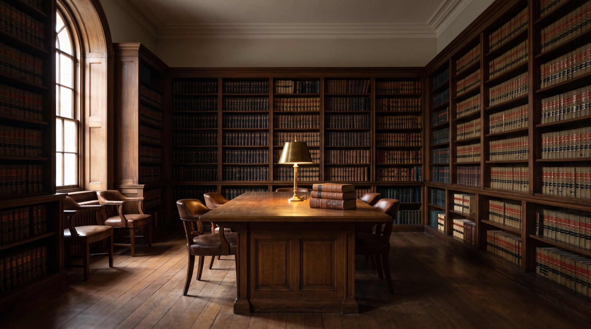 A quiet walnut law library lit by a single brass lamp